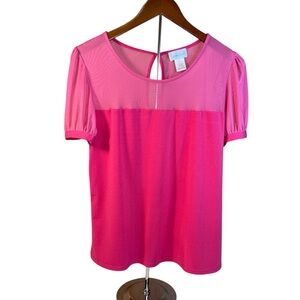 Linda Leal Top Sheer Mesh Yoke Short Puff Sleeves Scoop Neck Pink Size Medium
